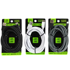 Charging Cable Cloth USB 3.1 to USB-C 9FT - 3 Pieces Per Pack 22440