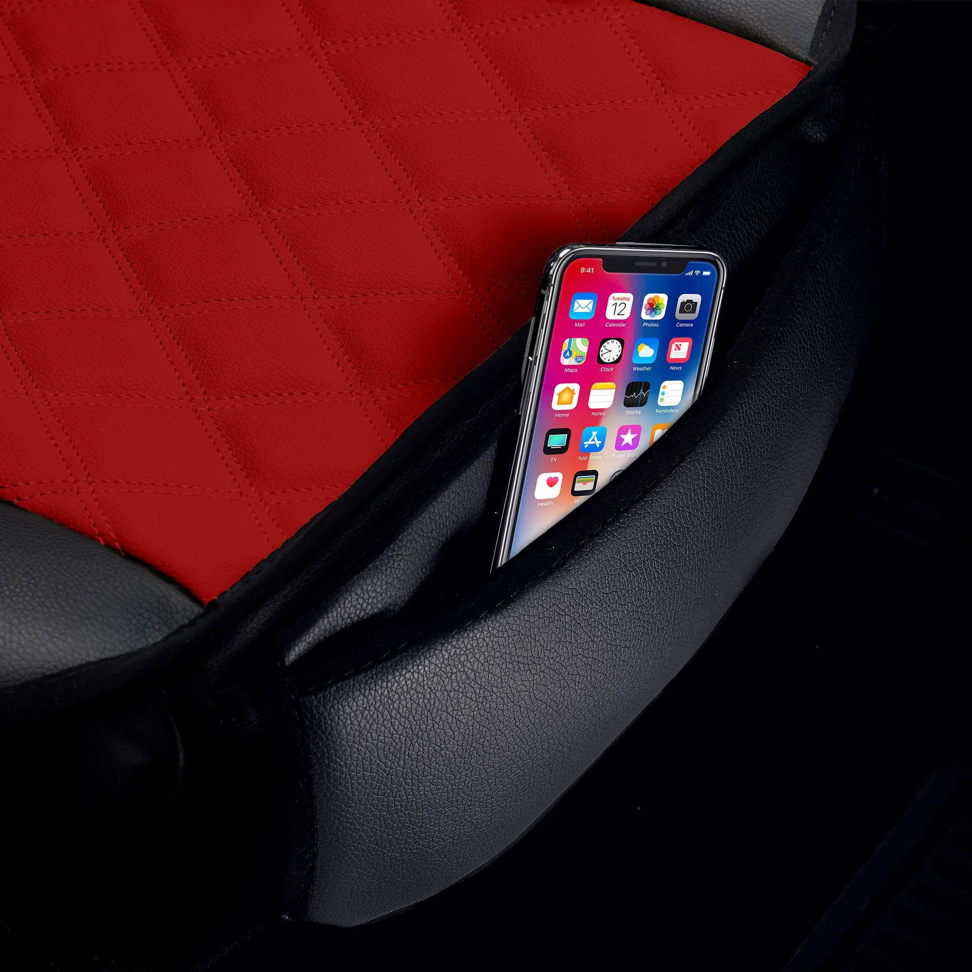 Faux Leather Seat Cushion Pad w/ Front Pocket - Front Set Red