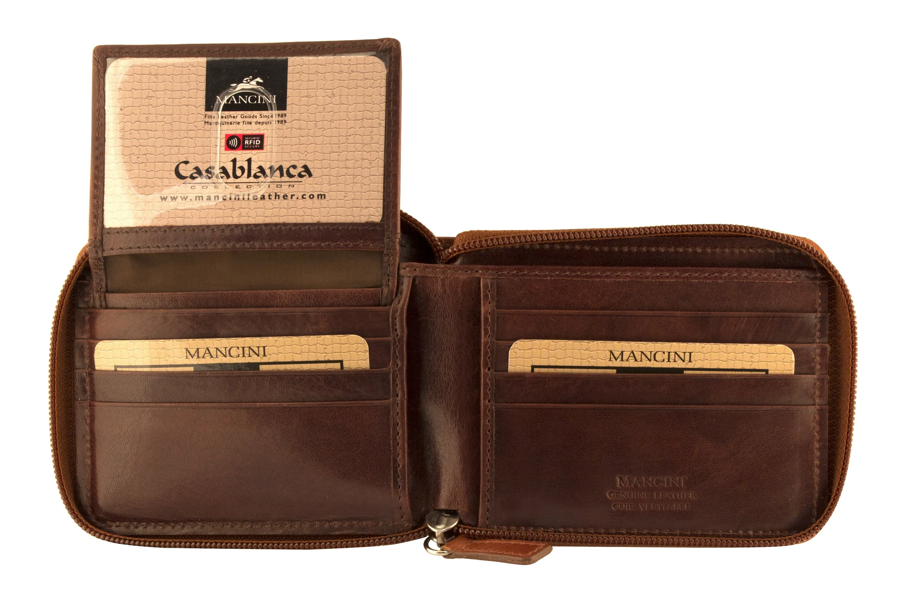 Mancini CASABLANCA Collection Men's Zippered Wallet with Removable Passcase (RFID Secure)